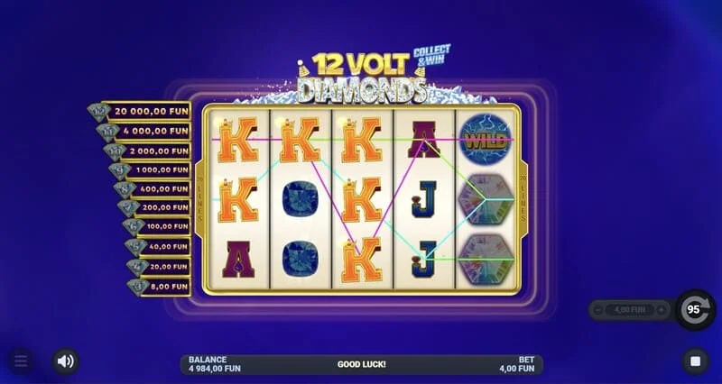 12 Volt Diamonds – Hauptspielbildschirm mit 5×4-Raster